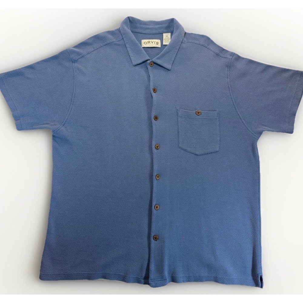 Orvis Men's Button Up Silk Cotton Short Sleeve Shirt XXL Blue Casual Sporty Prep